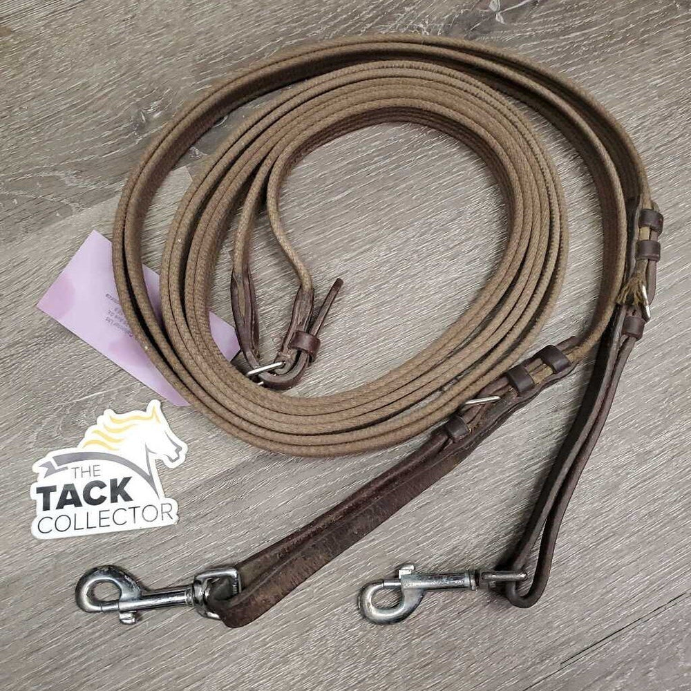 Pr Cotton Web Draw Reins, leather adjustable loops, snaps *gc, mnr dirt, rubs, stiff & dry