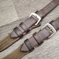 Pr Cotton Web Draw Reins, leather adjustable loops, snaps *gc, mnr dirt, rubs, stiff & dry
