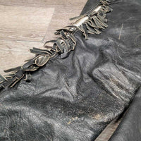 Full Smooth Light Leather Chaps, fringe *gc/fair, film, stiff, rubs, stains, older, creases
