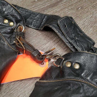 Full Smooth Light Leather Chaps, fringe *gc/fair, film, stiff, rubs, stains, older, creases
