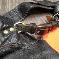 Full Smooth Light Leather Chaps, fringe *gc/fair, film, stiff, rubs, stains, older, creases
