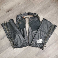 Full Smooth Light Leather Chaps, fringe *gc/fair, film, stiff, rubs, stains, older, creases