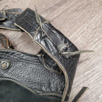 Full Smooth Light Leather Chaps, fringe *gc/fair, film, stiff, rubs, stains, older, creases