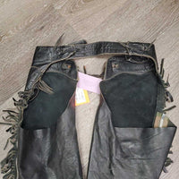 Full Smooth Light Leather Chaps, fringe *gc/fair, film, stiff, rubs, stains, older, creases
