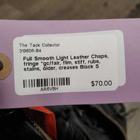 Full Smooth Light Leather Chaps, fringe *gc/fair, film, stiff, rubs, stains, older, creases
