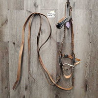 Studded Headstall, Curb Bit, Split Reins *gc/fair, dry, v.stiff, bent, older, cracks, rustNO throatlatch