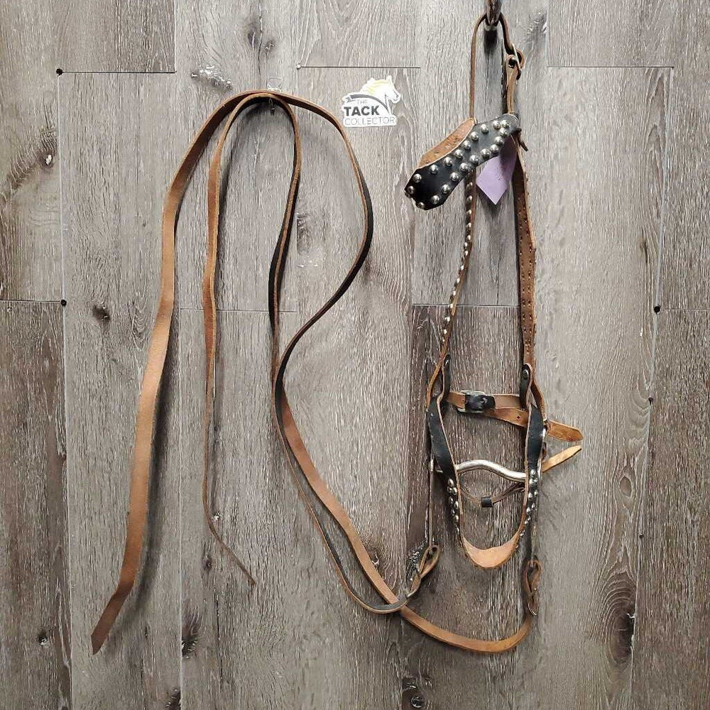 Studded Headstall, Curb Bit, Split Reins *gc/fair, dry, v.stiff, bent, older, cracks, rustNO throatlatch