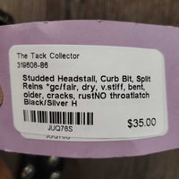 Studded Headstall, Curb Bit, Split Reins *gc/fair, dry, v.stiff, bent, older, cracks, rustNO throatlatch