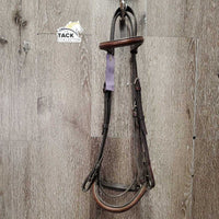 Narrow Rsd Bridle *gc, older, mnr dirt, v.dry, v.stiff, scrapes, crackles, tight keepers, cracking holes
