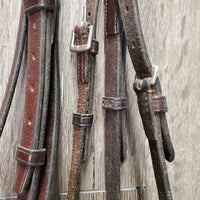 Narrow Rsd Bridle *gc, older, mnr dirt, v.dry, v.stiff, scrapes, crackles, tight keepers, cracking holes
