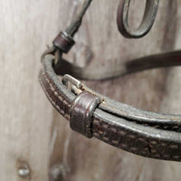 Narrow Rsd Bridle *gc, older, mnr dirt, v.dry, v.stiff, scrapes, crackles, tight keepers, cracking holes
