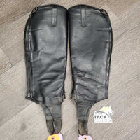Pr Leather Half Chaps, back zips *fair, repaired, rip, stretched & creased els, rubs, threads, older
