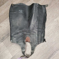 Pr Leather Half Chaps, back zips *fair, repaired, rip, stretched & creased els, rubs, threads, older
