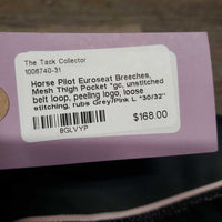 Euroseat Breeches, Mesh Thigh Pocket *gc, unstitched belt loop, peeling logo, loose stitching, rubs

