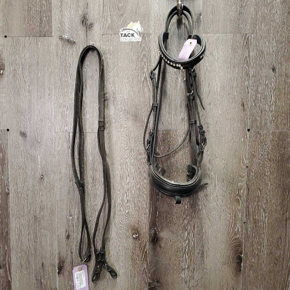 Dressage Bridle, Bling, Crank, Rubber Lined Reins *fair, dirt, missing bling, NO flash, peeled rubber, older, faded, v.tight keepers