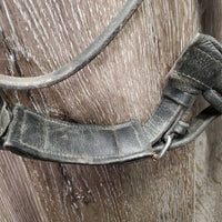 Dressage Bridle, Bling, Crank, Rubber Lined Reins *fair, dirt, missing bling, NO flash, peeled rubber, older, faded, v.tight keepers
