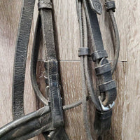 Dressage Bridle, Bling, Crank, Rubber Lined Reins *fair, dirt, missing bling, NO flash, peeled rubber, older, faded, v.tight keepers
