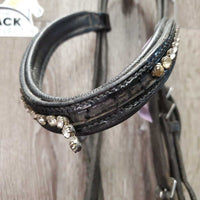 Dressage Bridle, Bling, Crank, Rubber Lined Reins *fair, dirt, missing bling, NO flash, peeled rubber, older, faded, v.tight keepers
