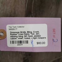 Dressage Bridle, Bling, Crank, Rubber Lined Reins *fair, dirt, missing bling, NO flash, peeled rubber, older, faded, v.tight keepers