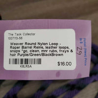 Round Nylon Loop - Roper Barrel Reins, leather loops, snaps *gc, clean, mnr rubs, frays & hair
