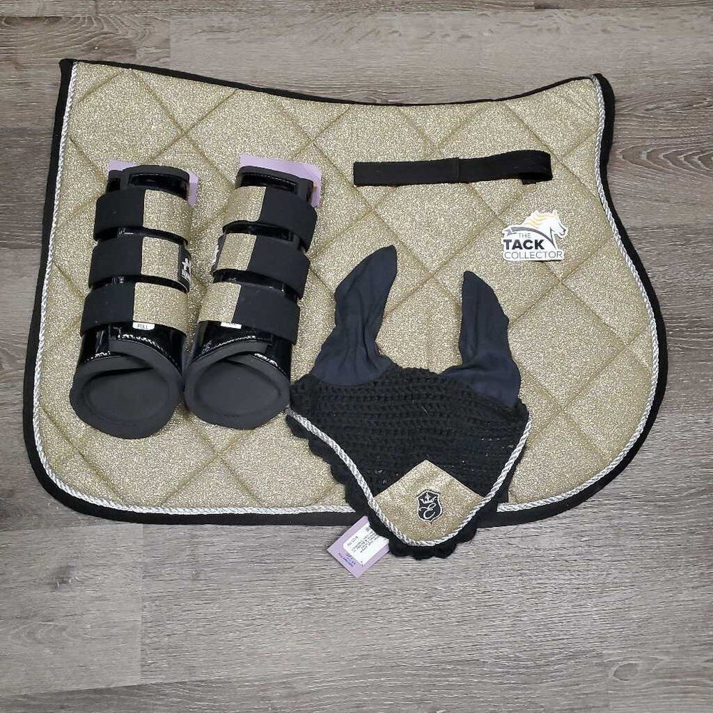 Glitter Quilt Jumper Pad, Crochet Bonnet, 2 Front Closed Boots *Boots & Bonnet: xc Pad: vgc, hair, dirt, rubs