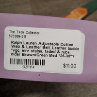 Adjustable Cotton Web & Leather Belt, Leather buckle *vgc, mnr stains, faded & rubs, older
