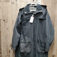 3/4 Length Riding Rain Jacket, Removeable/Zip Hood, Drawstring Bag *vgc, clean, faded, rubs, older, wpf
