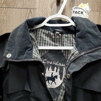 3/4 Length Riding Rain Jacket, Removeable/Zip Hood, Drawstring Bag *vgc, clean, faded, rubs, older, wpf