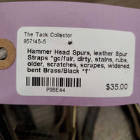 Hammer Head Spurs, leather Spur Straps *gc/fair, dirty, stains, rubs, older, scratches, scrapes, widened, bent
