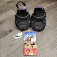 Pr Hoof Boots, 2 neoprene Easy Boot gaiters, mesh bag *xc, clean, mnr dirt, frays, peeled gaiter logo
