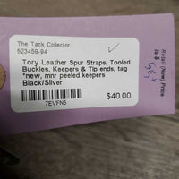 Leather Spur Straps, Tooled Buckles, Keepers & Tip ends, tag *new, mnr peeled keepers