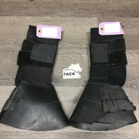 2 Neoprene Shipping Boots, Rubber Bell Boot Bottoms *gc/fair, torn edge, velcro threads, dirt, hair, rubs, pills, older
