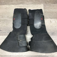 2 Neoprene Shipping Boots, Rubber Bell Boot Bottoms *gc/fair, torn edge, velcro threads, dirt, hair, rubs, pills, older
