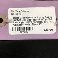 2 Neoprene Shipping Boots, Rubber Bell Boot Bottoms *gc/fair, torn edge, velcro threads, dirt, hair, rubs, pills, older
