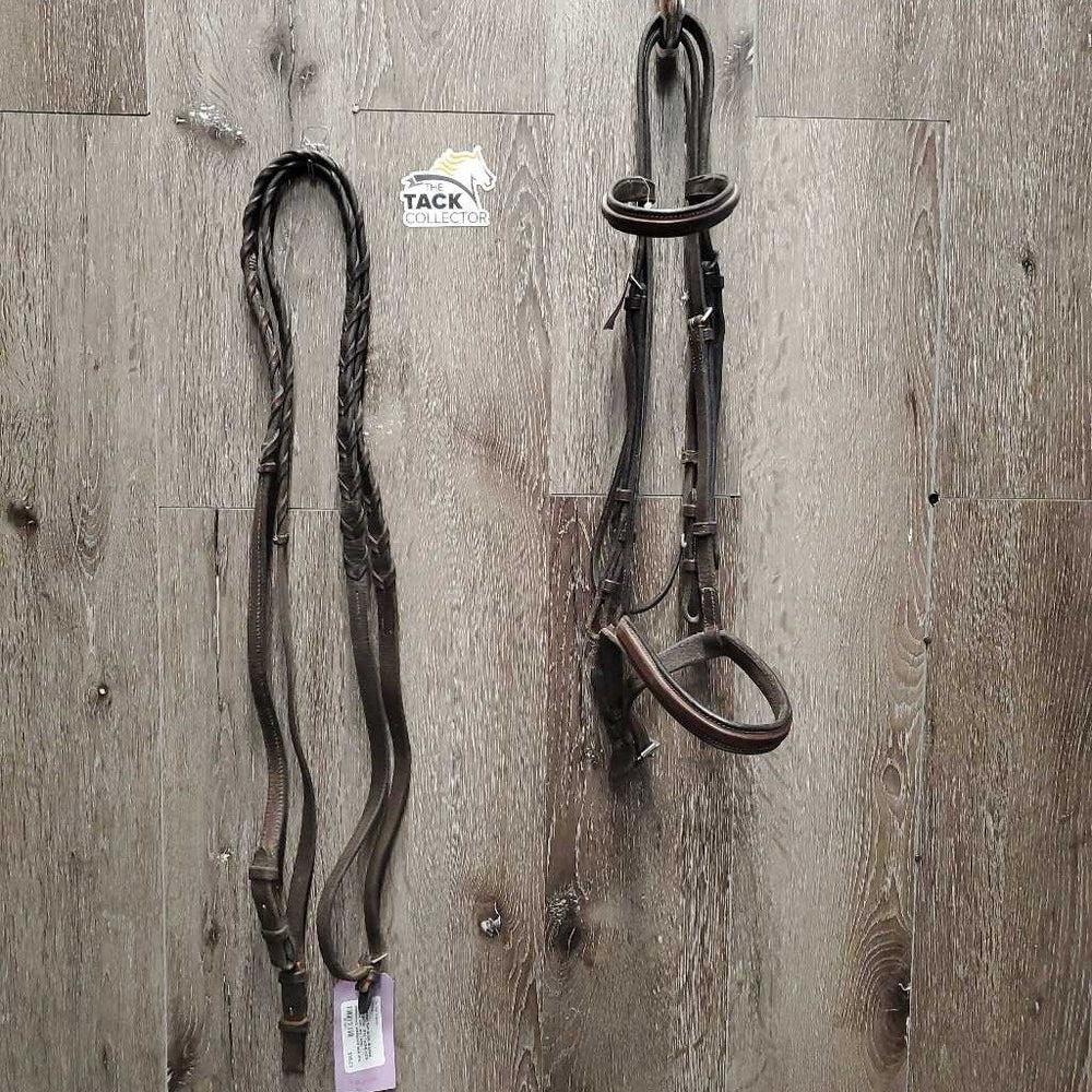 Rsd Bridle, Braided Reins *gc/fair, dirty, faded, rubs, creases, stiff, dry, reins: mismatched, unstitched lace end