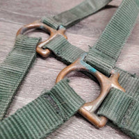 Nylon Halter, Spring Snap *fair, older, rust, dirt, stains, rubs, squished snap, faded
