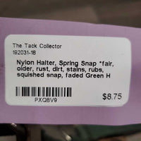 Nylon Halter, Spring Snap *fair, older, rust, dirt, stains, rubs, squished snap, faded
