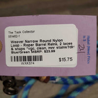 Narrow Round Nylon Loop - Roper Barrel Reins, 2 laces & snaps *vgc, clean, mnr stains?dirt
