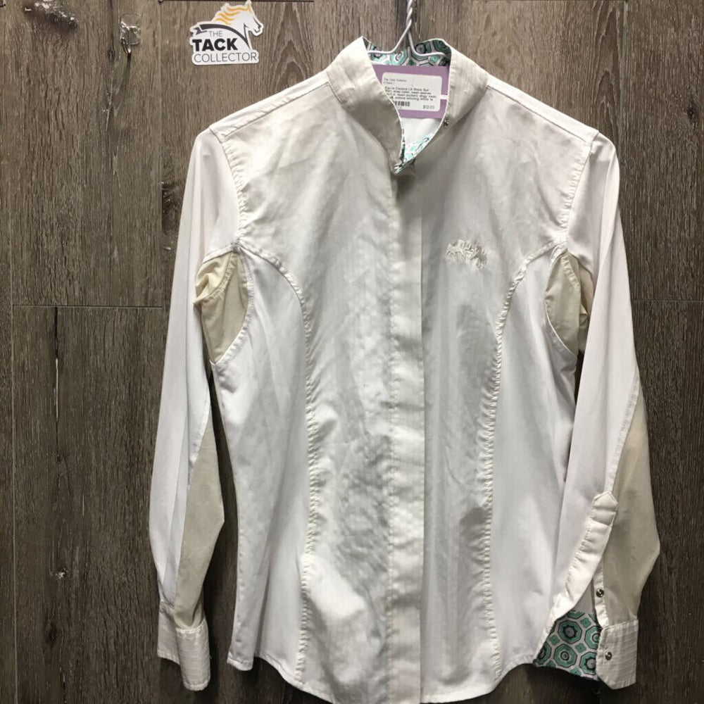 LS Show Sun Shirt, snap collar, mesh sleeves *gc/fair, seam puckers, dingy mesh, snags, undone stitching