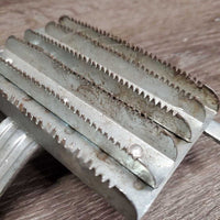 6 Blade Square Metal Curry - Shedding Blade, Comb, Wood Handle *gc, dirt, hair, dents, rubs, rust?
