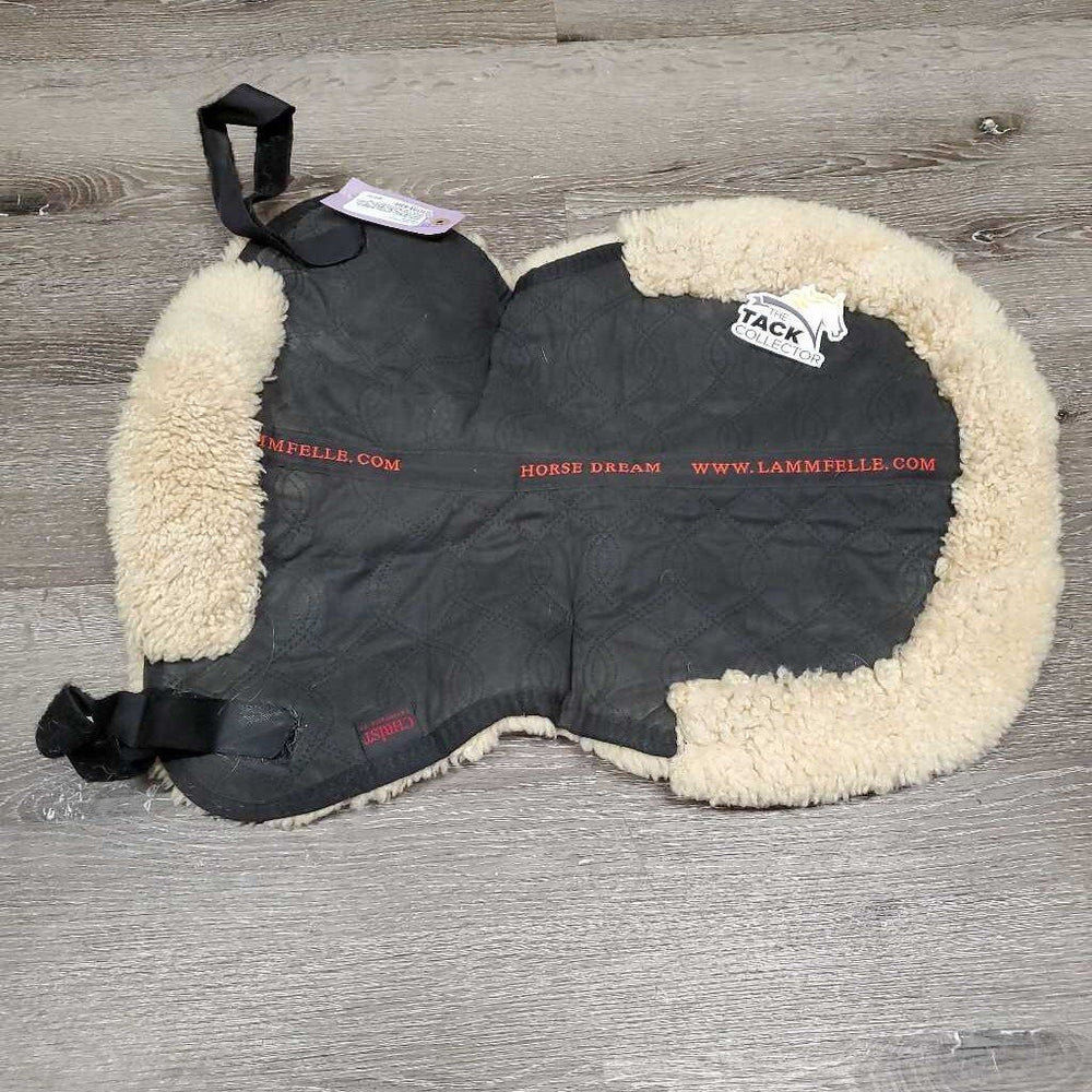Sheepskin Quilt Half Pad, rolled edges *gc, clumpy, mnr hair, dirt, puckers, faded, threads, undone stitch, rubs