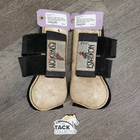 Pr Open Front Boots, velcro *fair, older, v.dirty, v.stained, v.discolored, hairy, stretche & torn elastic
