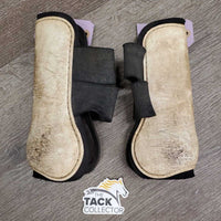 Pr Open Front Boots, velcro *fair, older, v.dirty, v.stained, v.discolored, hairy, stretche & torn elastic
