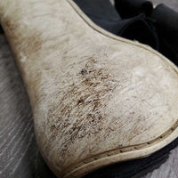 Pr Open Front Boots, velcro *fair, older, v.dirty, v.stained, v.discolored, hairy, stretche & torn elastic
