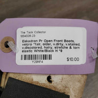 Pr Open Front Boots, velcro *fair, older, v.dirty, v.stained, v.discolored, hairy, stretche & torn elastic
