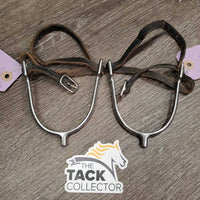 Pr POW Spurs, Leather Spur Straps, Bling *gc, widened, clean, dirt/residue, scratches, ends: chews & thin
