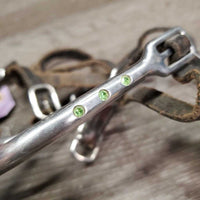 Pr POW Spurs, Leather Spur Straps, Bling *gc, widened, clean, dirt/residue, scratches, ends: chews & thin
