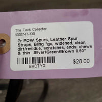 Pr POW Spurs, Leather Spur Straps, Bling *gc, widened, clean, dirt/residue, scratches, ends: chews & thin
