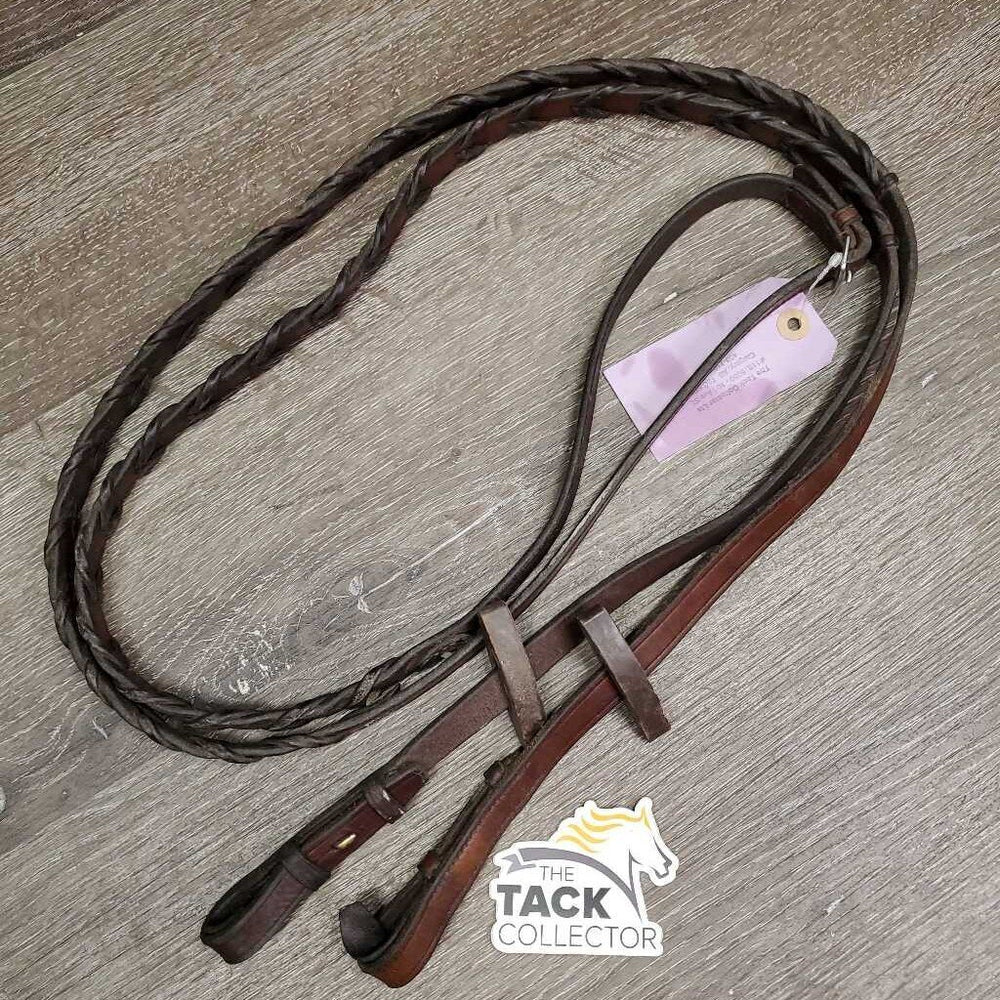 Thick Braided Leather Reins, Stoppers *vgc, mnr residue, stains & rubs, older