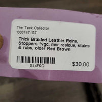 Thick Braided Leather Reins, Stoppers *vgc, mnr residue, stains & rubs, older